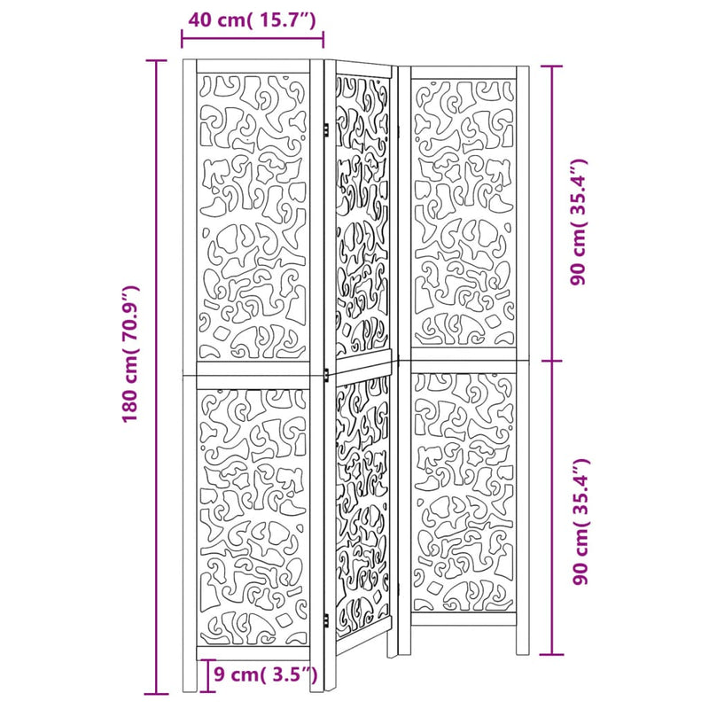 vidaXL 3 paneles fekete tömör császárfa térelválasztó