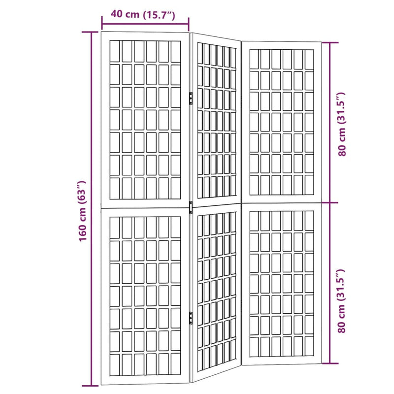 vidaXL 3 paneles fekete tömör császárfa térelválasztó
