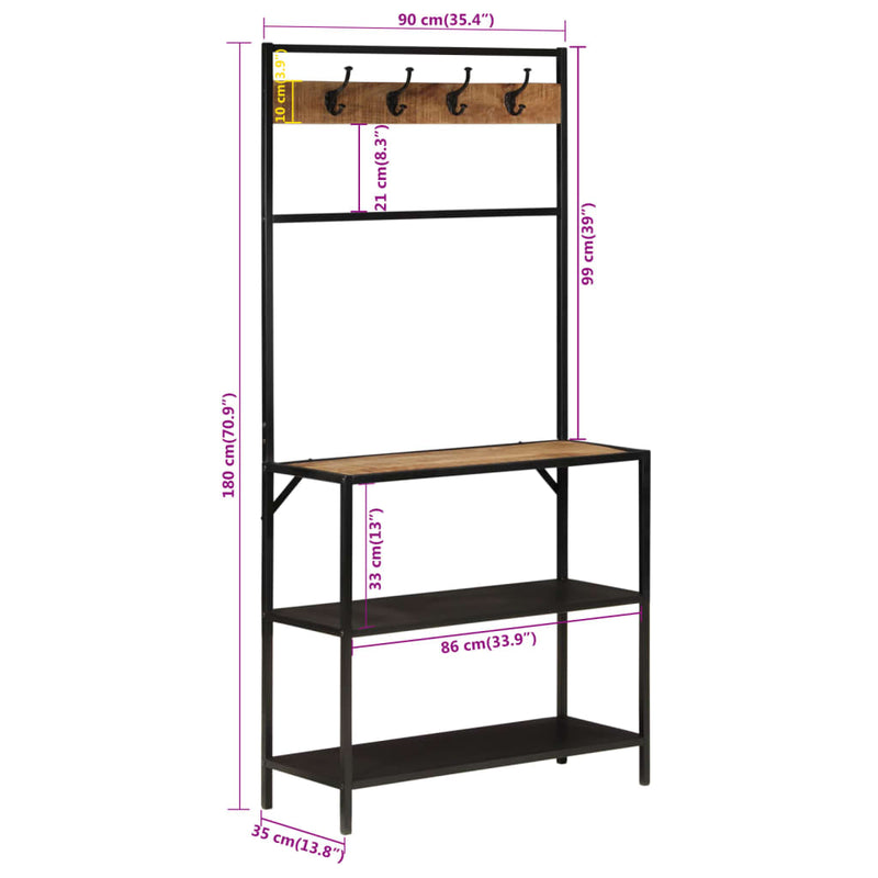 vidaXL tömör mangófa és vas ruhafogas 90 x 35 x 180 cm