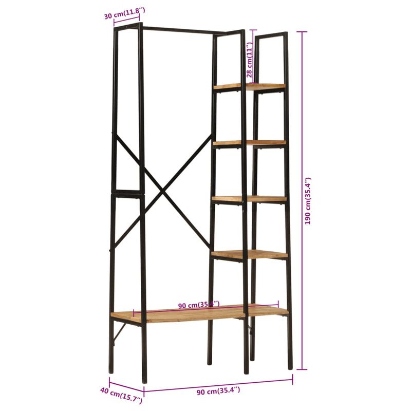 vidaXL tömör mangófa és vas ruhaállvány polcokkal 90 x 40 x 190 cm