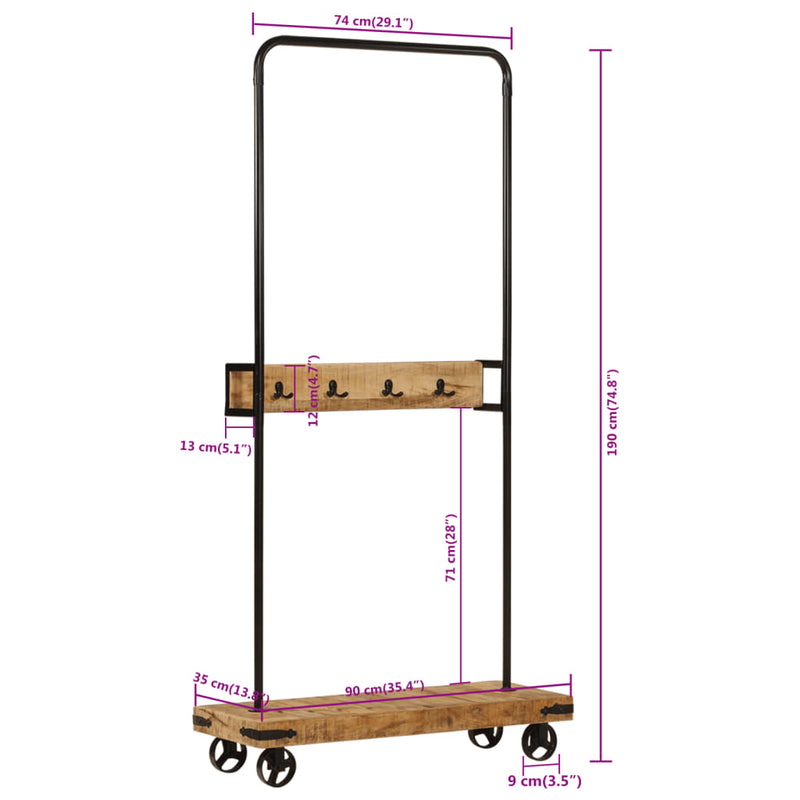 vidaXL tömör mangófa és vas ruhaállvány kerekekkel 90 x 35 x 190 cm