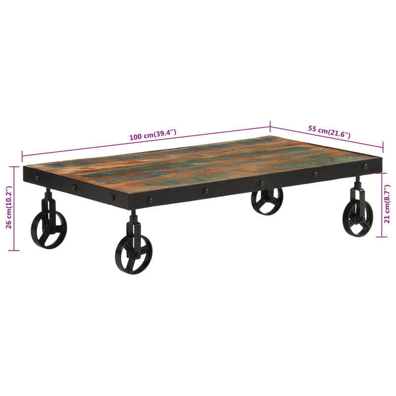 vidaXL tömör újrahasznosított fa kerekes dohányzóasztal 100x55x26 cm