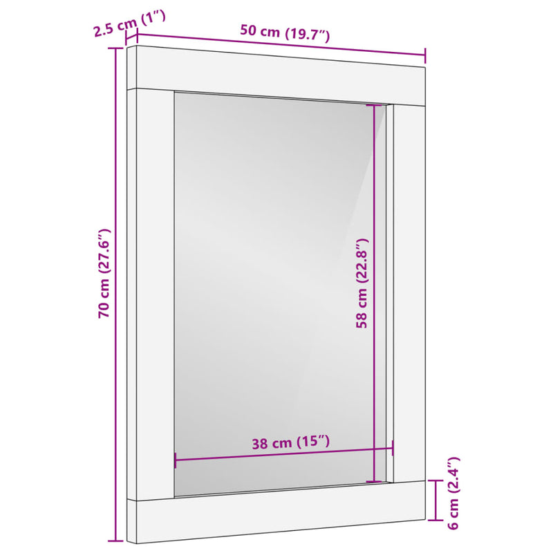 vidaXL tömör mangófa és üveg fürdőszobatükör 50 x 70 x 2,5 cm