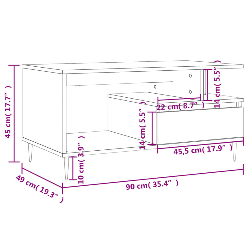 vidaXL sonoma tölgy színű szerelt fa dohányzóasztal 90x49x45 cm