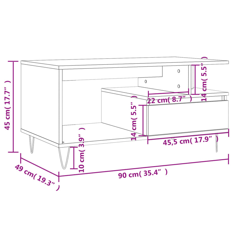 vidaXL füstös tölgy színű szerelt fa dohányzóasztal 90x49x45 cm