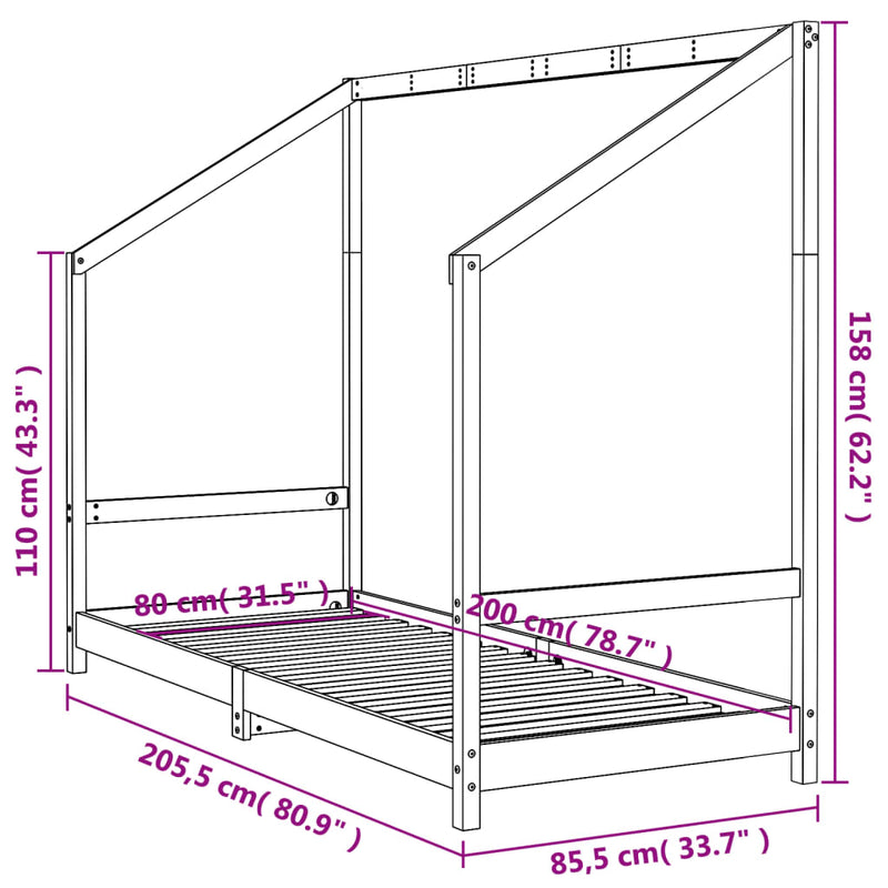 vidaXL tömör fenyőfa gyerekágykeret 80 x 200 cm