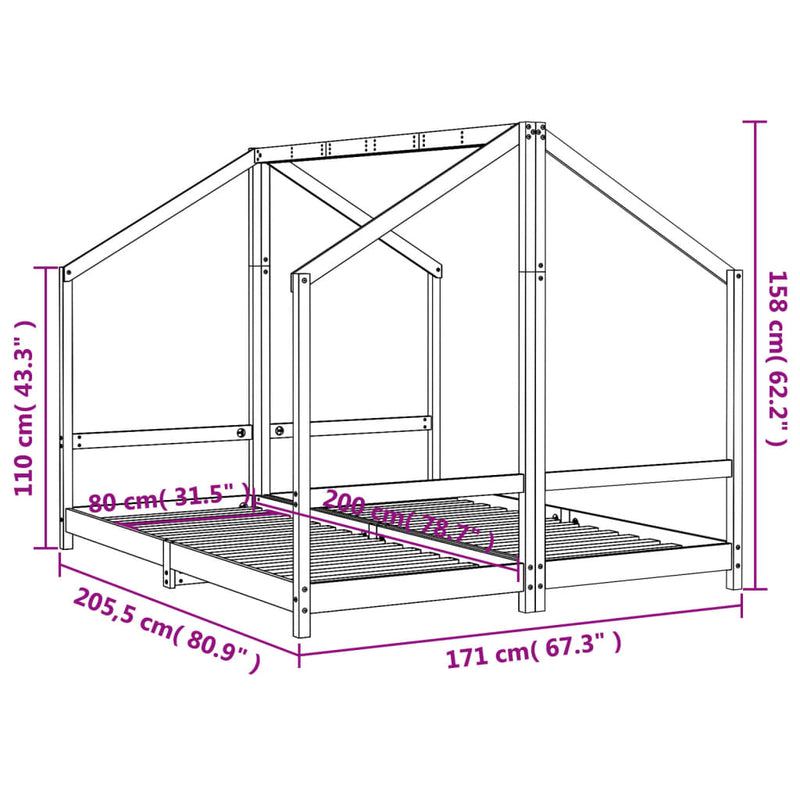 vidaXL tömör fenyőfa gyerekágykeret 2 x (80 x 200) cm