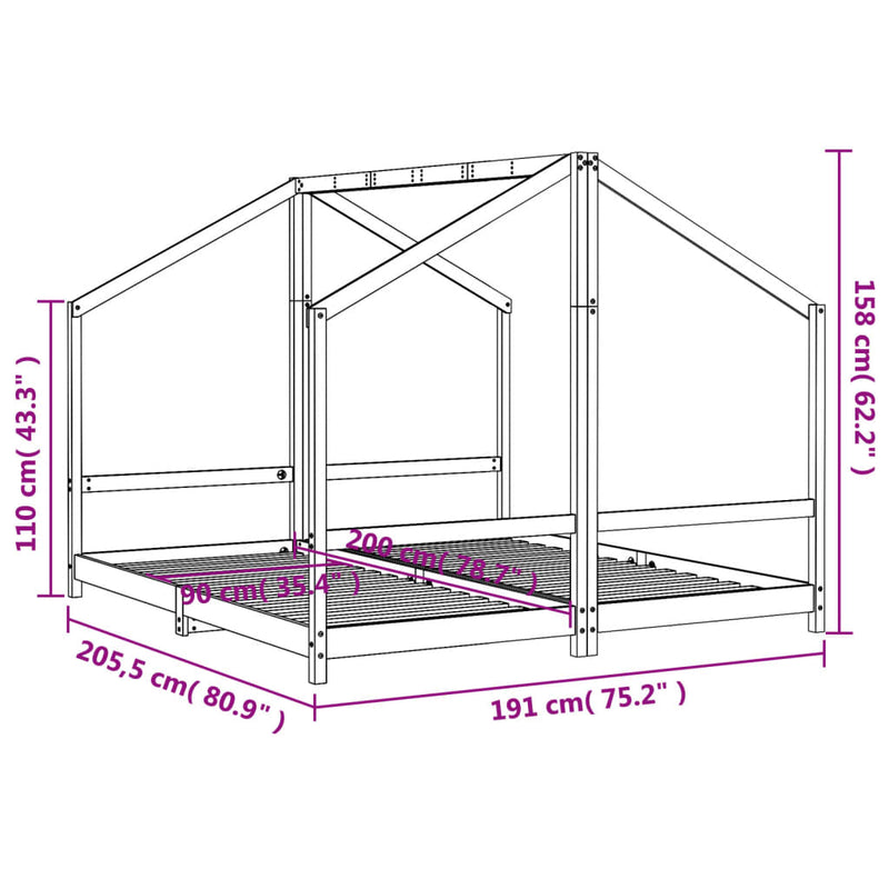 vidaXL fekete tömör fenyőfa gyerekágykeret 2 x (90 x 200) cm
