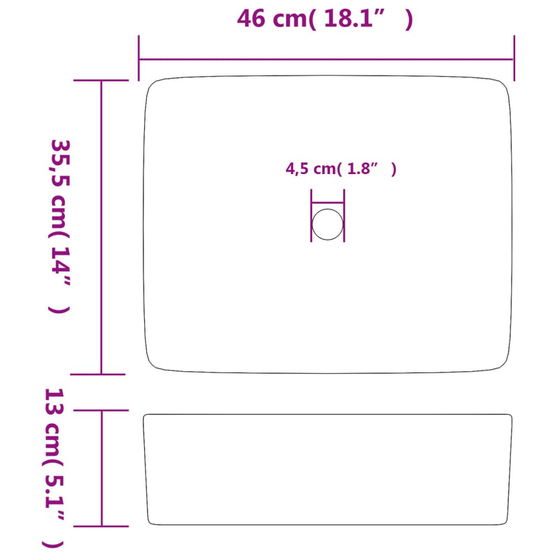 vidaXL fehér kerámia négyszögletes asztali mosdó 46 x 35,5 x 13 cm