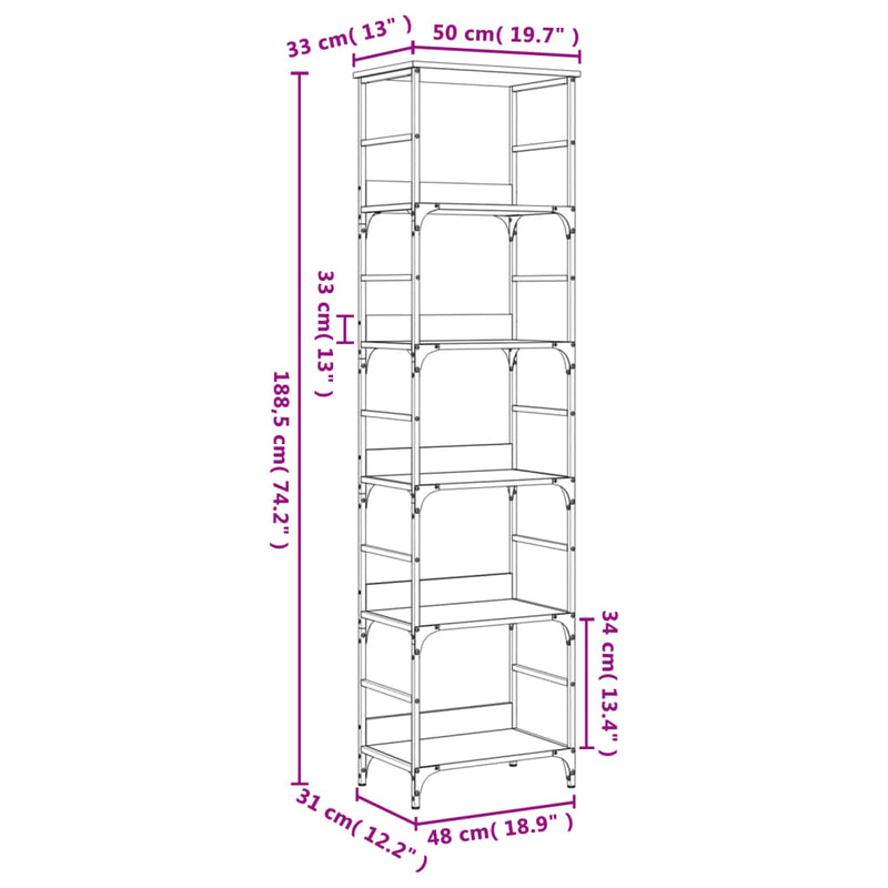 vidaXL sonoma tölgyfa könyvespolc 50 x 33 x 188,5 cm rétegelt fából