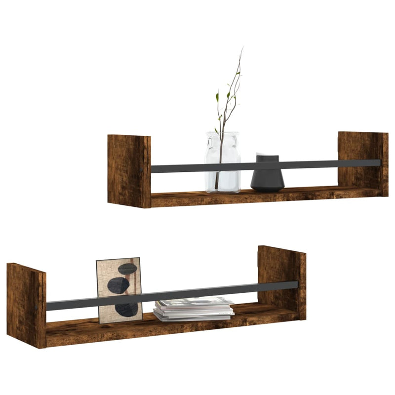 vidaXL 2 db füstös tölgy színű fali polc rúddal 60 x 16 x 14 cm