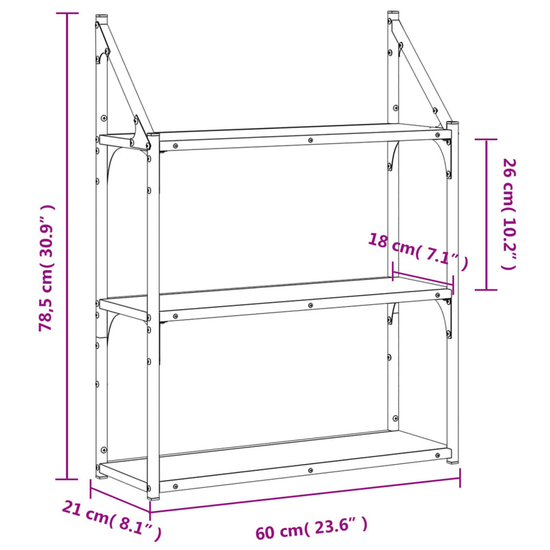 vidaXL 3 szintes füstös tölgy színű szerelt fa falipolc 60x21x78,5 cm