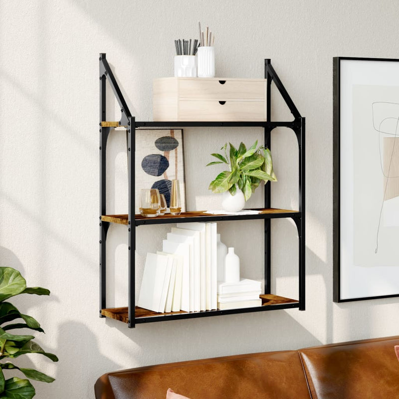 vidaXL 3 szintes füstös tölgy színű szerelt fa falipolc 60x21x78,5 cm