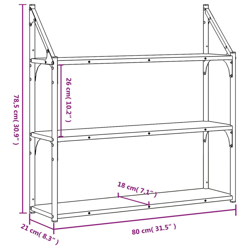 vidaXL 3 szintes sonoma tölgy színű szerelt fa fali polc 80x21x78,5 cm