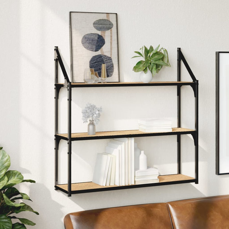 vidaXL 3 szintes sonoma tölgy színű szerelt fa fali polc 80x21x78,5 cm