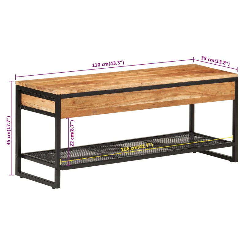 vidaXL tömör akácfa és vas cipőpad 110 x 35 x 45 cm