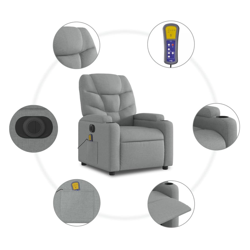 vidaXL világosszürke szövet dönthető elektromos masszázsfotel