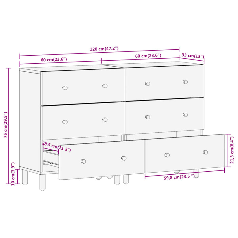 vidaXL 2 db fekete tömör mangófa tálalószekrény 60 x 33 x 75 cm