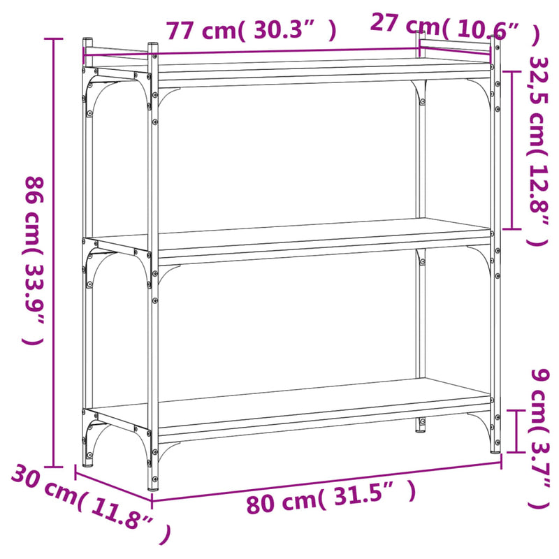 vidaXL 3 szintes szürke sonoma szerelt fa könyvespolc 80 x 30 x 86 cm