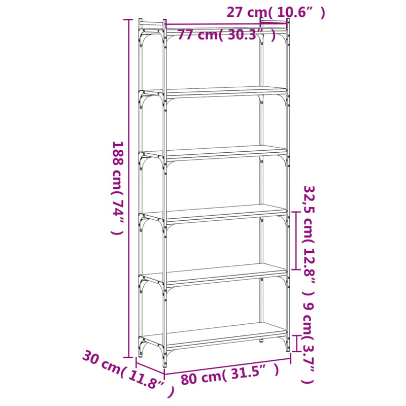 vidaXL 6 szintes szürke sonoma szerelt fa könyvespolc 80 x 30 x 188 cm