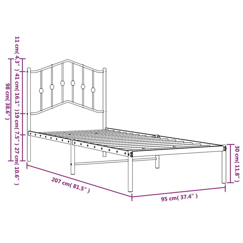 vidaXL fekete fém ágykeret fejtámlával 90 x 200 cm