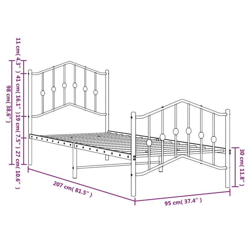 vidaXL fekete fém ágykeret fej- és lábtámlával 90 x 200 cm