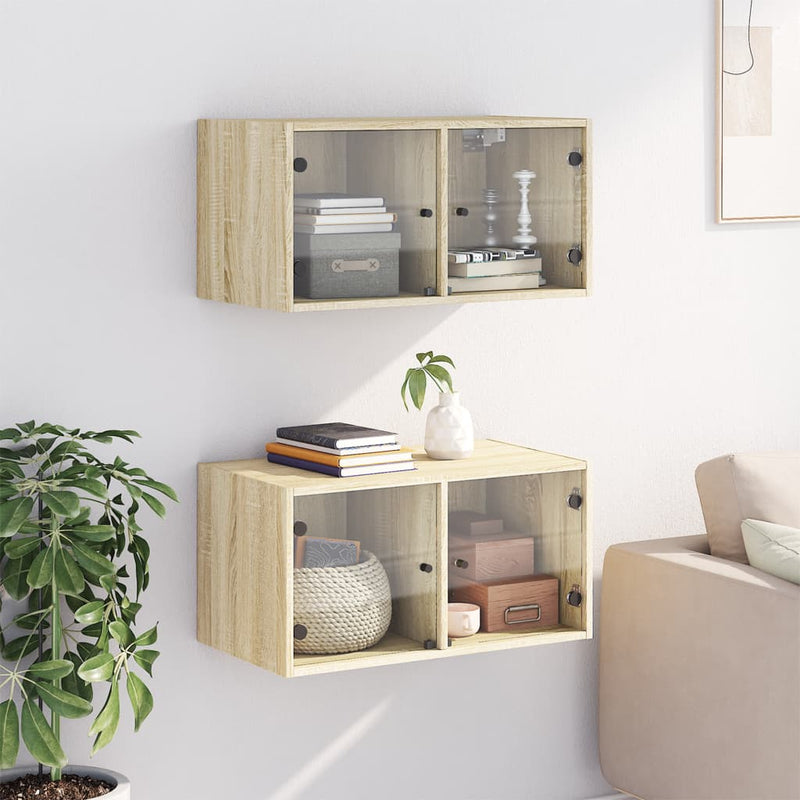vidaXL 2 db sonoma tölgy színű faliszekrény üvegajtókkal 68,5x37x35 cm