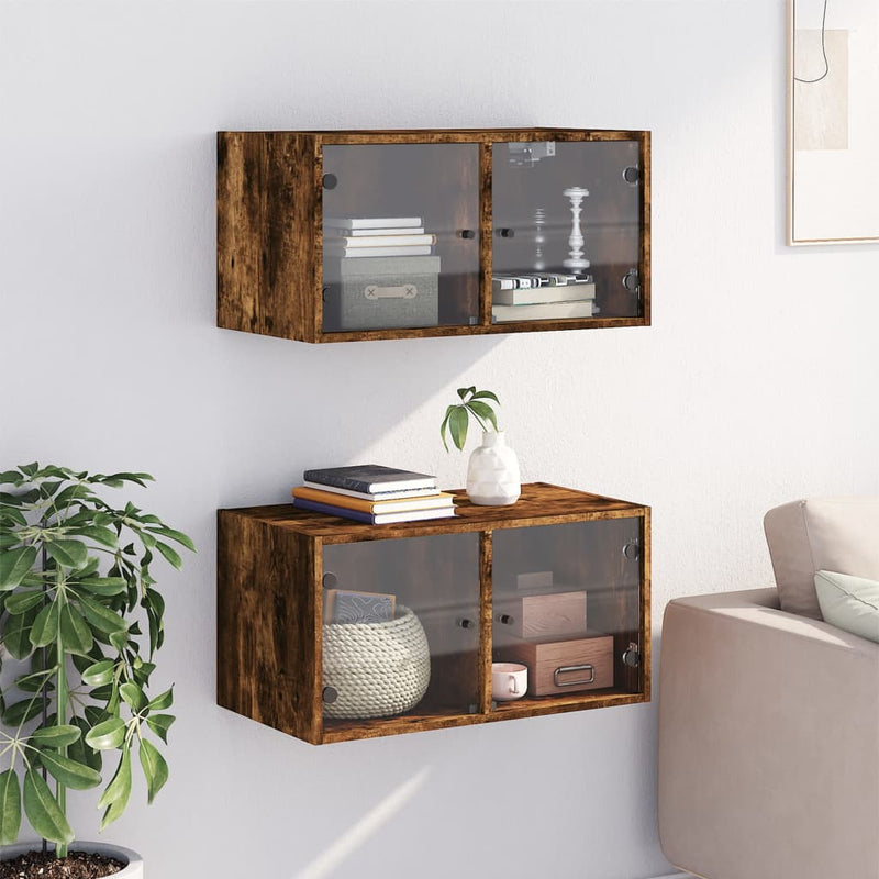vidaXL 2 db füstös tölgy színű faliszekrény üvegajtókkal 68,5x37x35 cm