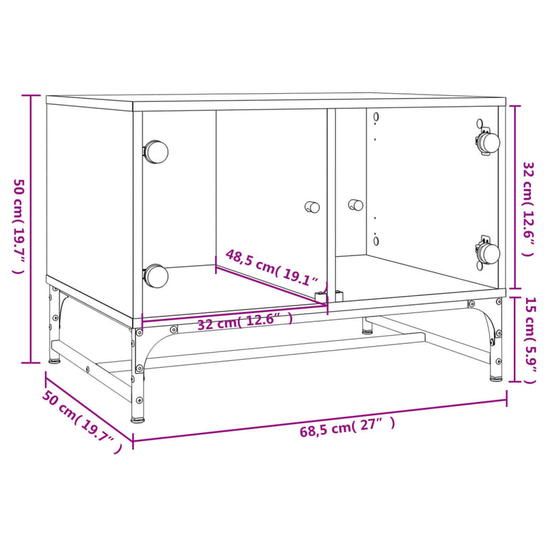 vidaXL betonszürke dohányzóasztal üvegajtókkal 68,5 x 50 x 50 cm