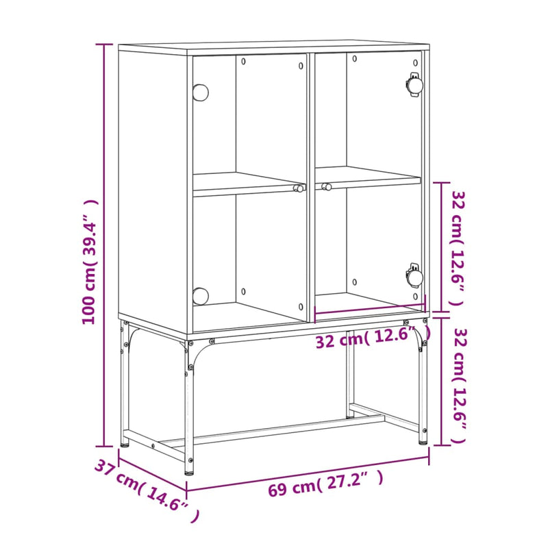 vidaXL szürke sonoma színű kisszekrény üvegajtókkal 69x37x100 cm