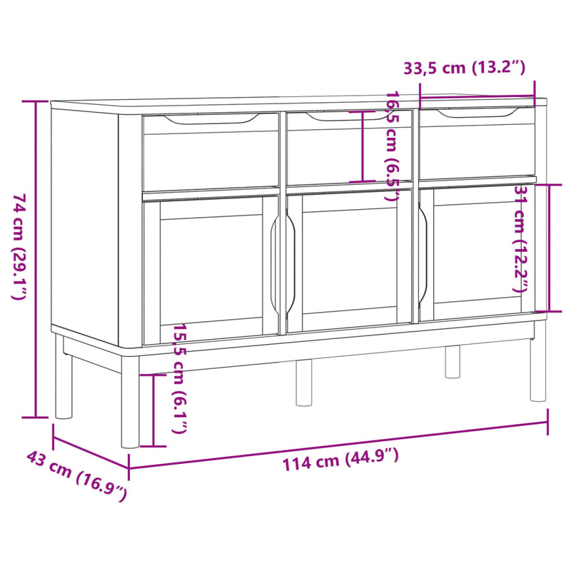 vidaXL FLORO fehér tömör fenyőfa tálalószekrény 114 x 43 x 74 cm