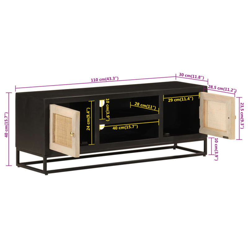 vidaXL fekete tömör mangófa és vas TV-szekrény 110 x 30 x 40 cm