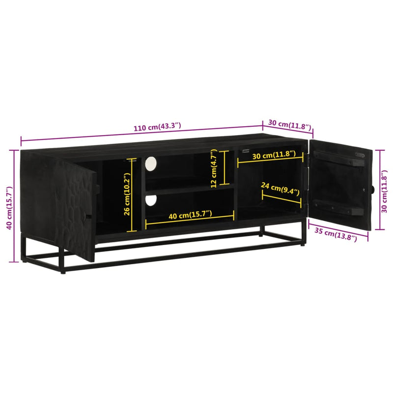 vidaXL fekete tömör mangófa és vas TV-szekrény 110 x 30 x 40 cm