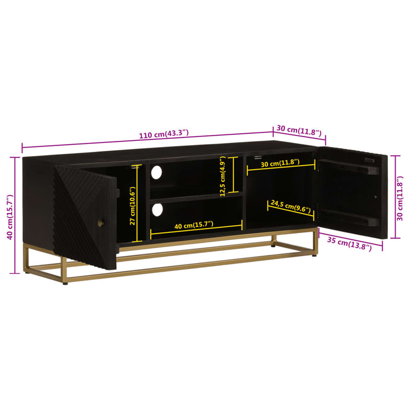 vidaXL fekete tömör mangófa és vas TV-szekrény 110 x 30 x 40 cm
