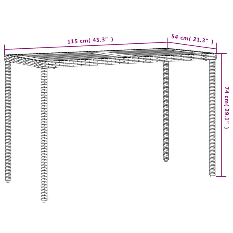 vidaXL fekete polyrattan akácfa lapos kerti asztal 115x54x74 cm