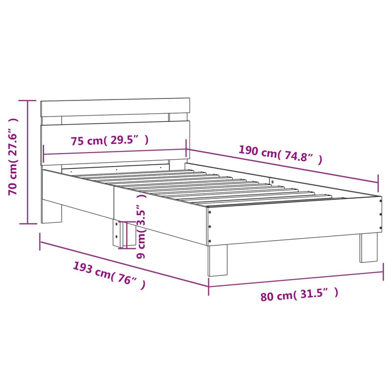 vidaXL sonoma tölgy színű fejtámlás ágykeret matrac nélkül 75 x 190 cm