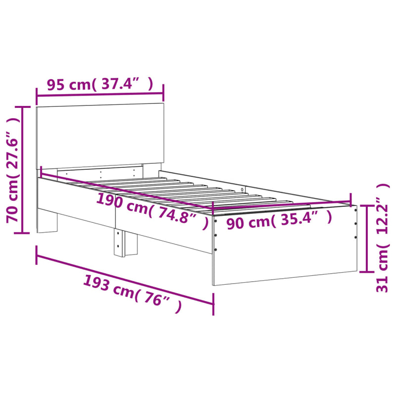 vidaXL szürke sonoma színű szerelt fa ágykeret fejtámlával 90 x 190 cm