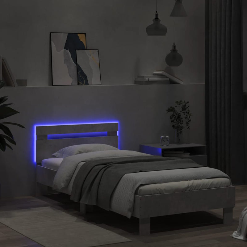 vidaXL betonszürke ágykeret fejtámlával és LED-világítással 90x200 cm