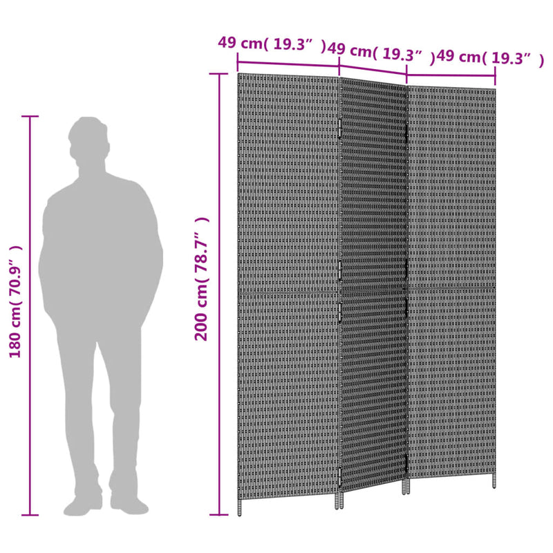 vidaXL barna 3-paneles polyrattan térelválasztó