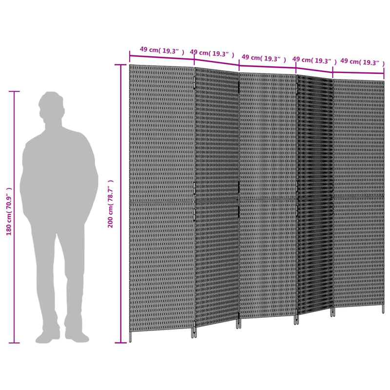 vidaXL fekete 5-paneles polyrattan térelválasztó
