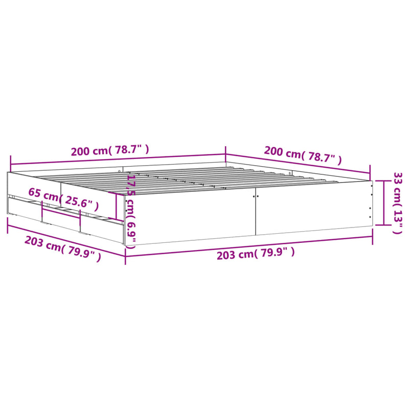 vidaXL betonszürke szerelt fa ágykeret fiókokkal 200 x 200 cm