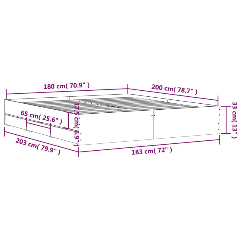 vidaXL füstös tölgy színű szerelt fa ágykeret fiókokkal 180 x 200 cm