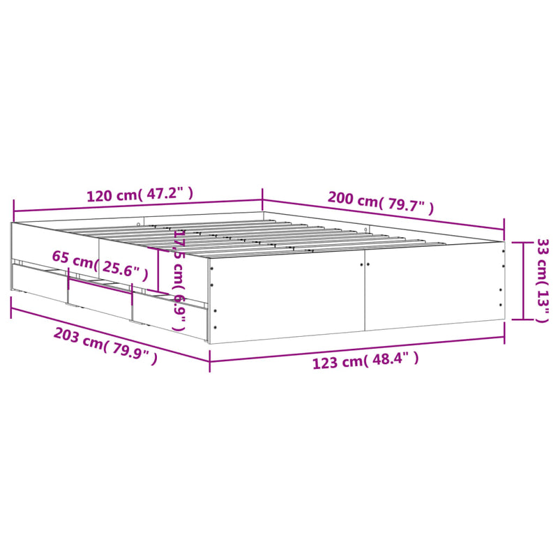 vidaXL fekete szerelt fa ágykeret fiókkal 120 x 200 cm