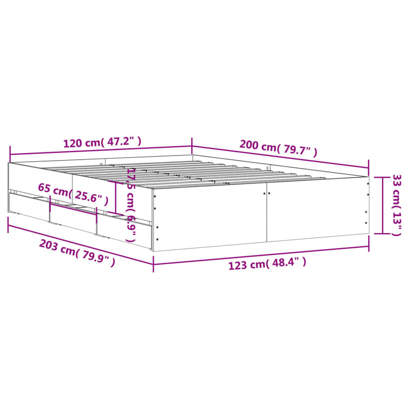 vidaXL sonoma tölgy színű szerelt fa ágykeret fiókokkal 120 x 200 cm