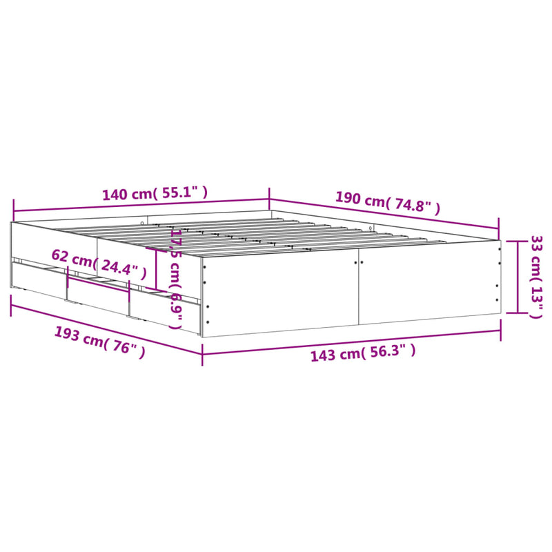vidaXL sonoma tölgy színű szerelt fa ágykeret fiókokkal 140 x 190 cm
