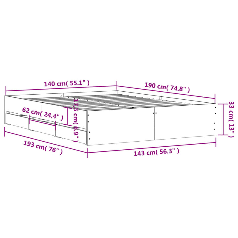 vidaXL barna tölgyszínű szerelt fa ágykeret fiókokkal 140 x 190 cm