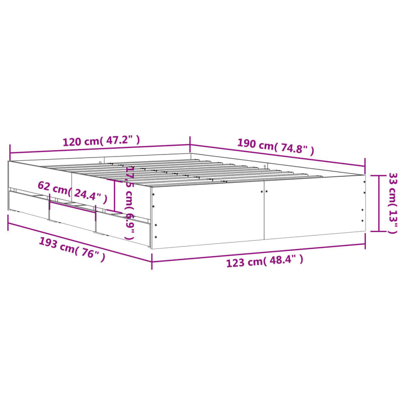 vidaXL betonszürke szerelt fa ágykeret fiókokkal 120 x 190 cm