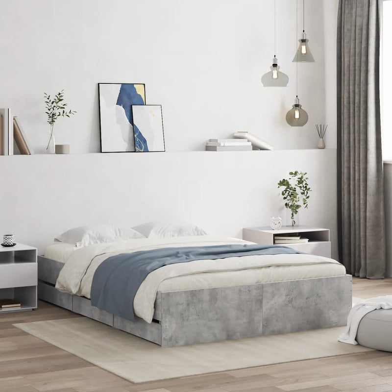 vidaXL betonszürke szerelt fa ágykeret fiókokkal 120 x 190 cm