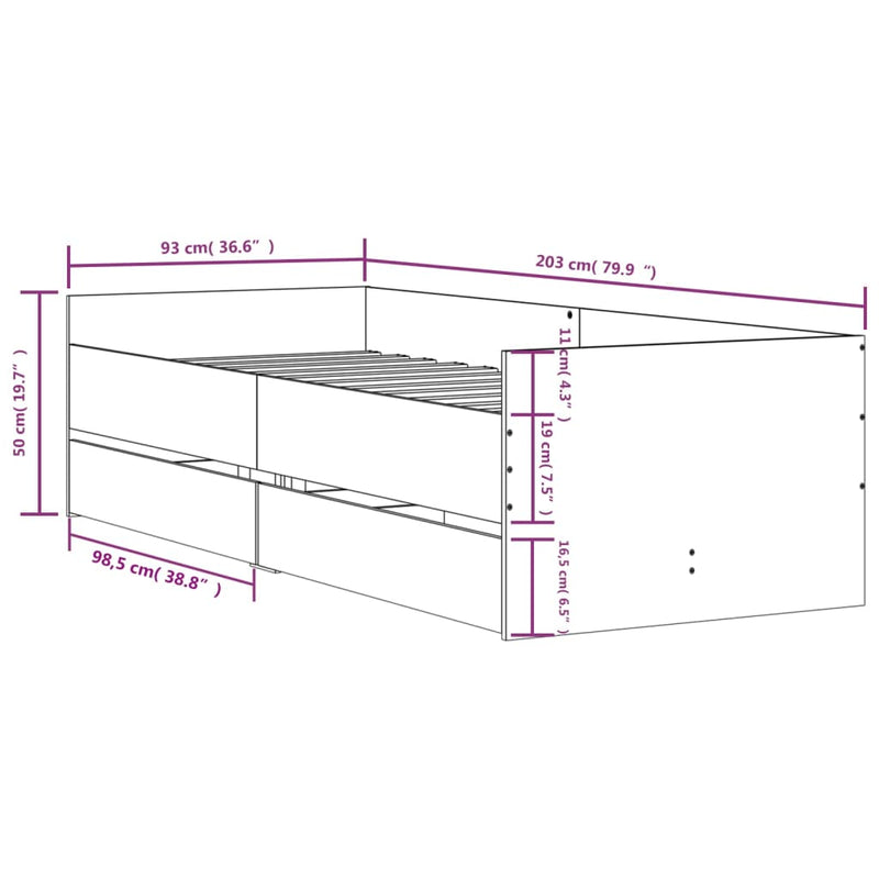 vidaXL sonoma tölgy színű műfa ágykeret fiókokkal 90 x 200 cm