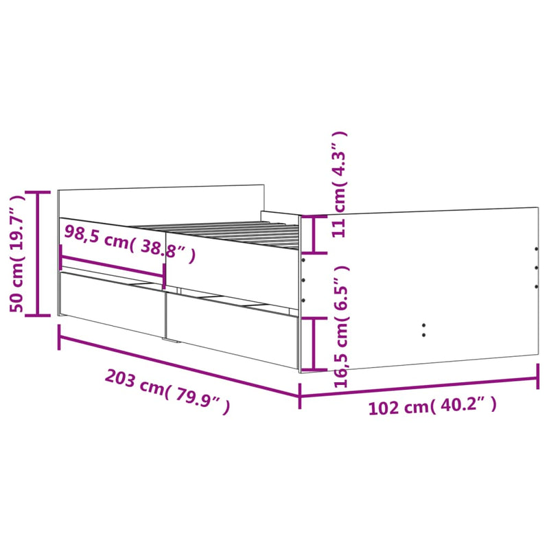 vidaXL betonszürke ágykeret fiókokkal 100x200 cm